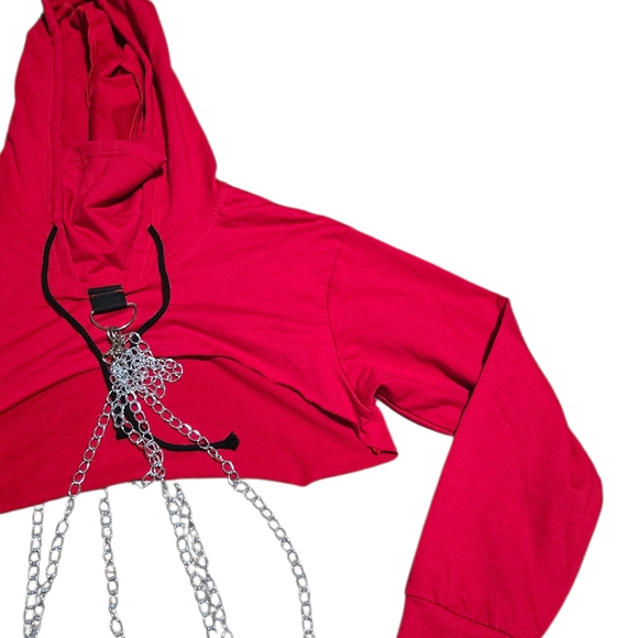Red Cropped Hoodie with Chain Detail - Picture 5 of 5